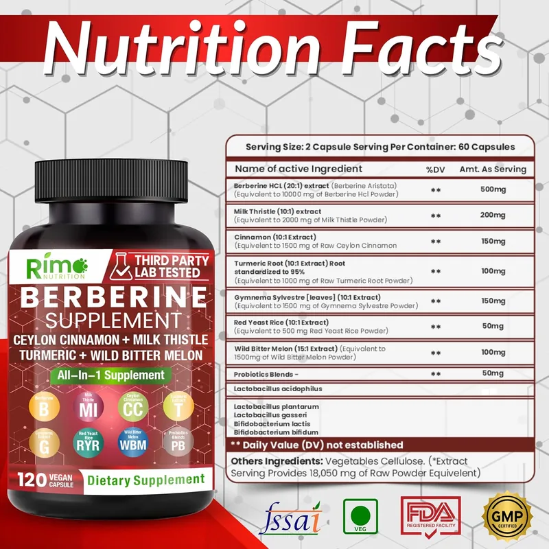 Berberine Supplement 1500mg with Ceylon Cinnamon, Bitter Melon & Gymnema – 8-in-1 Formula – 120 Capsules 3